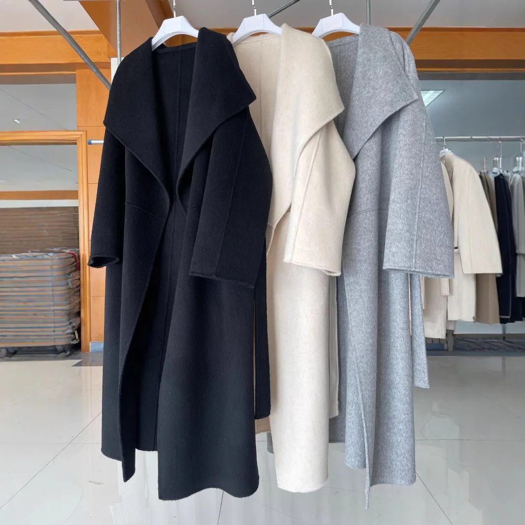 

Winter Women Double Face Wool Elegant Coat Robe Style with Belt Coats Elegant Women Clothing