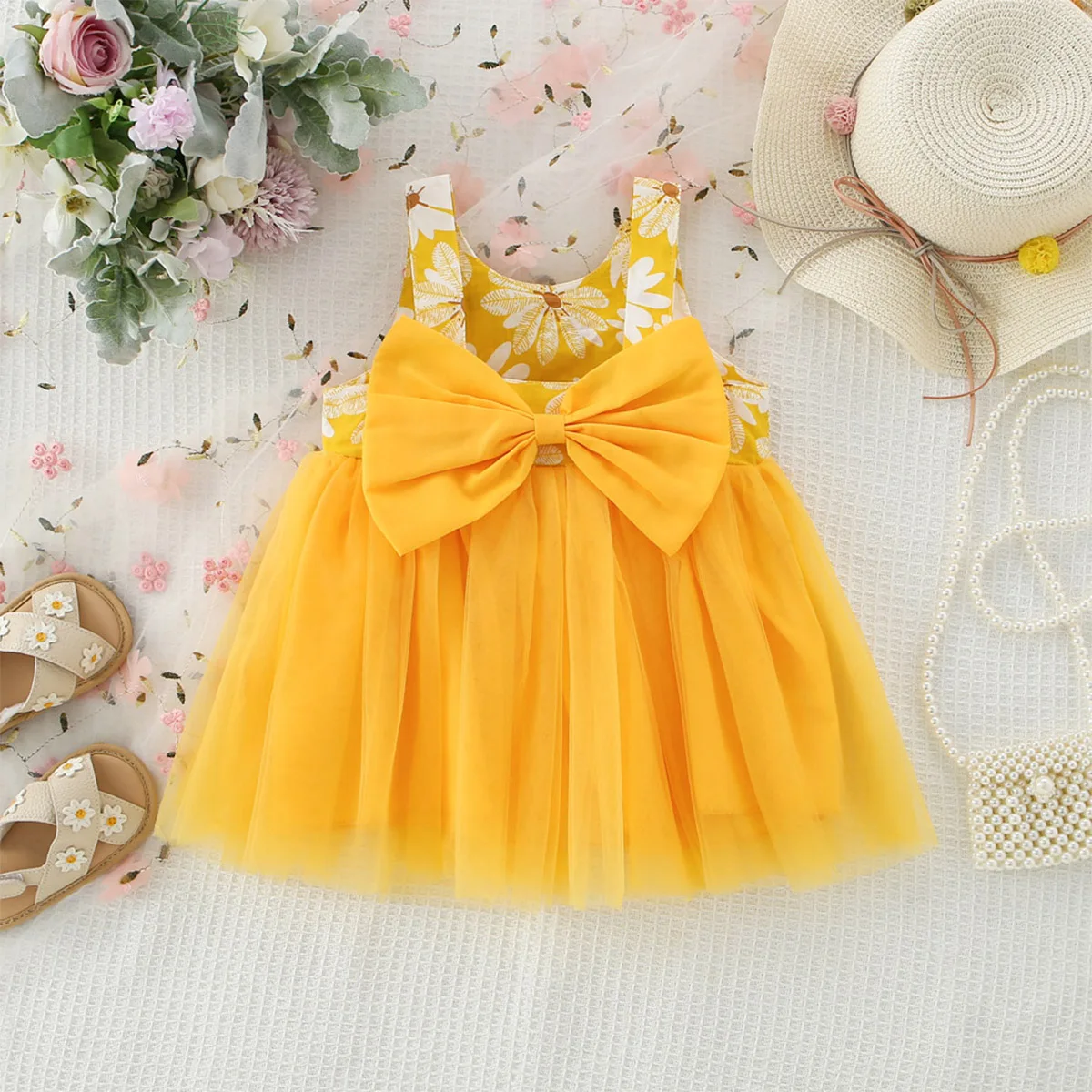 Summer New Dress For Girls Round Neck Sleeveless Sweet Little Flower Solid Color Mesh Princess Dress Suitable For Babies Aged