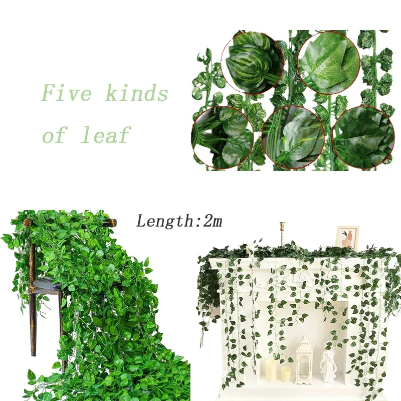 6Pcs 2.2M Green Ivy Leaf Hanging Vine Artificial Garland Grape Rattan Fake Plants for Garden Wedding Party Home Outdoor Decor