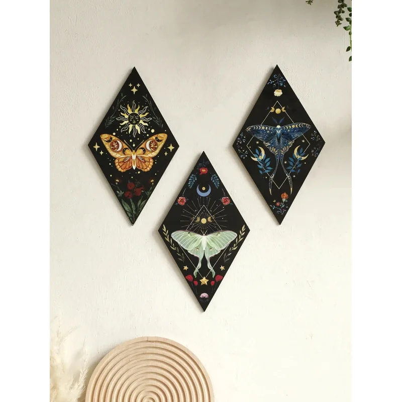 Butterfly Rhomboid Wooden Wall Hanging, Moon Star Pattern Wall Art Decor, Nordic Home Ornament, Gift for Bedroom Living Room