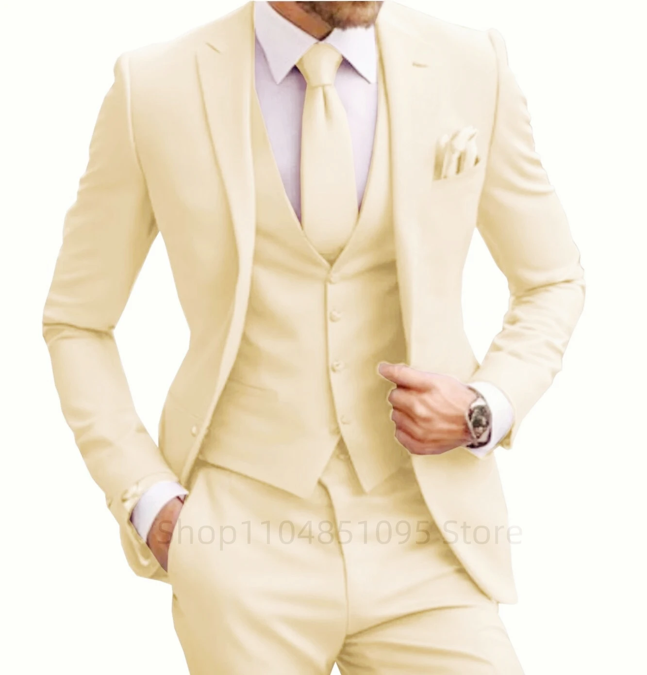 بدلة رسمية للرجال بدلة زفاف سادة بقصة ضيقة للأعمال مكونة من 3 قطع مجموعة كاملة من بدلات العريس والولائم سترة ذات طية صدر السترة وسراويل