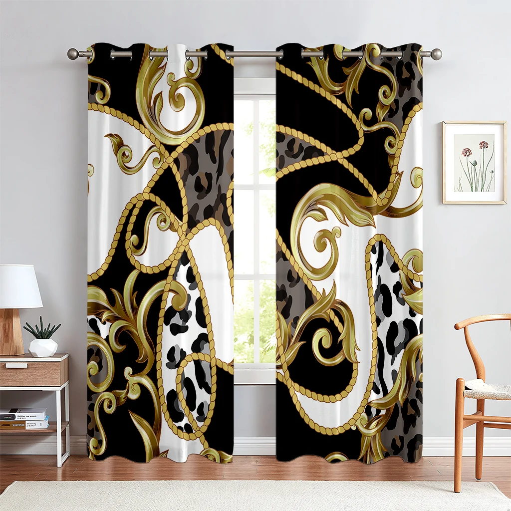 Polyester Darkening Shading Window Curtain for Living Room, Bedroom, Home Decor, Cheap, Modern Luxury Brand, Black and Gold,