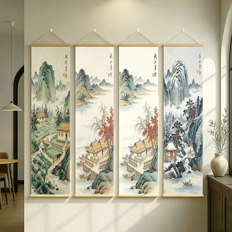 Hanging Scroll Wall Art Set, 1:4 Chinese Mountain Village Seasons, Silver Shimmer Canvas for Modern Living Room Home Decor