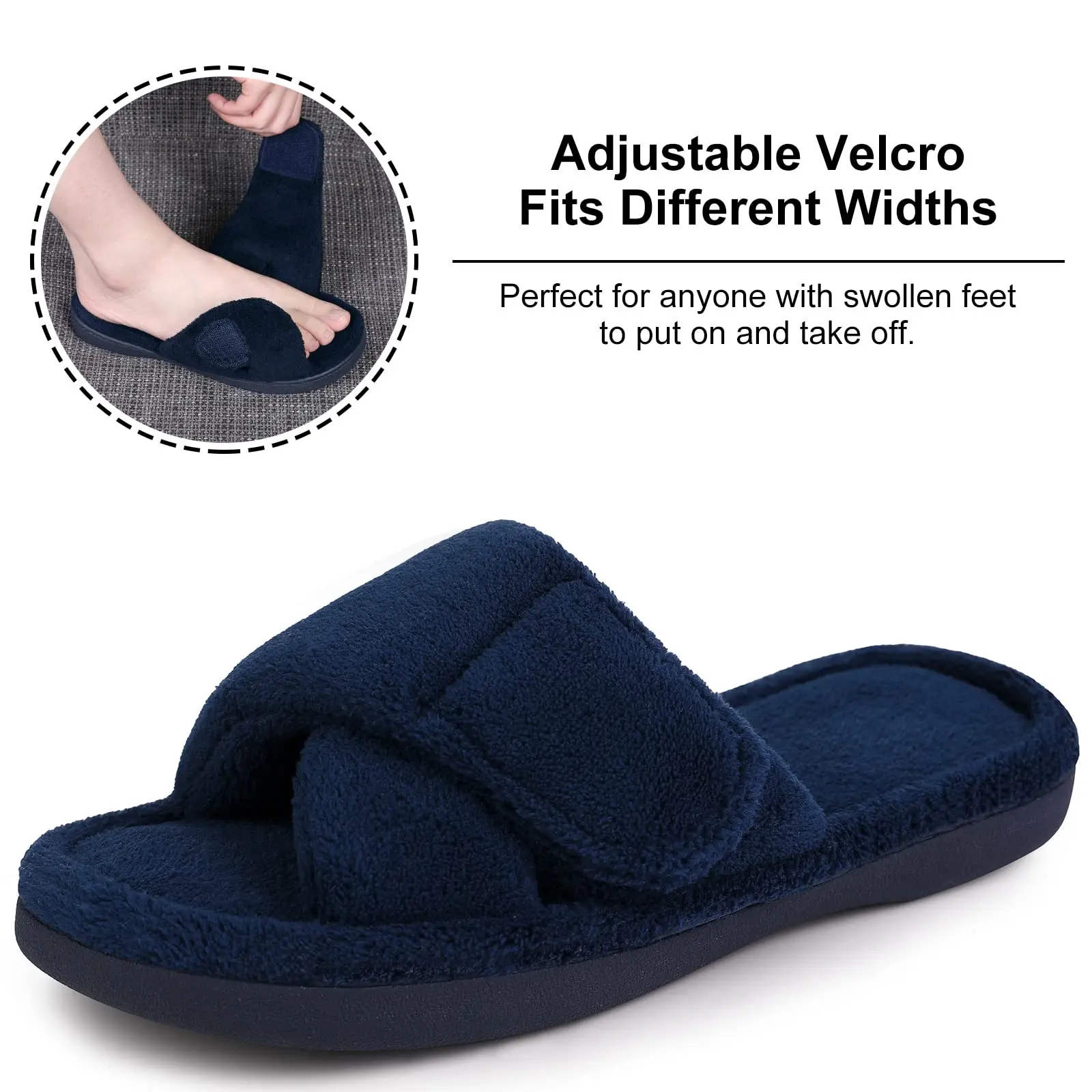 Comwarm Women Furry Slippers Soft Sloe Open Toe Memory Foam Non-slip House Plush Slippers Adjustable Terry Cloth Indoor Sandals