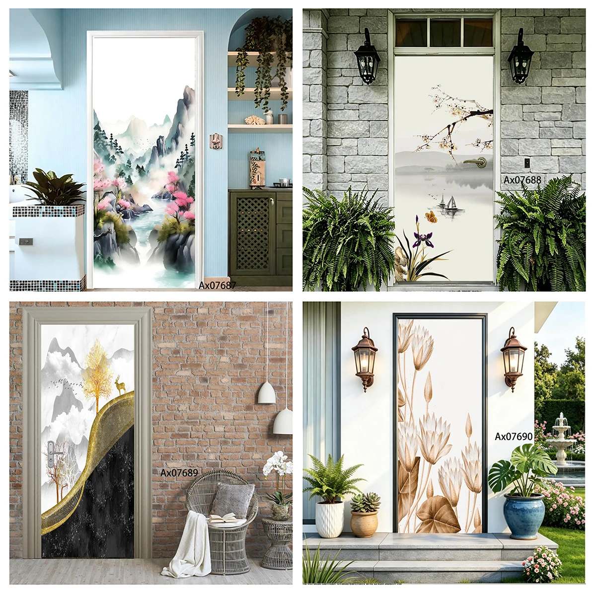 Door Decal Waterproof Removable Retro Dried Lotus Vintage Floral Mural Home Interior Entry Door Wall Decor Room Makeover
