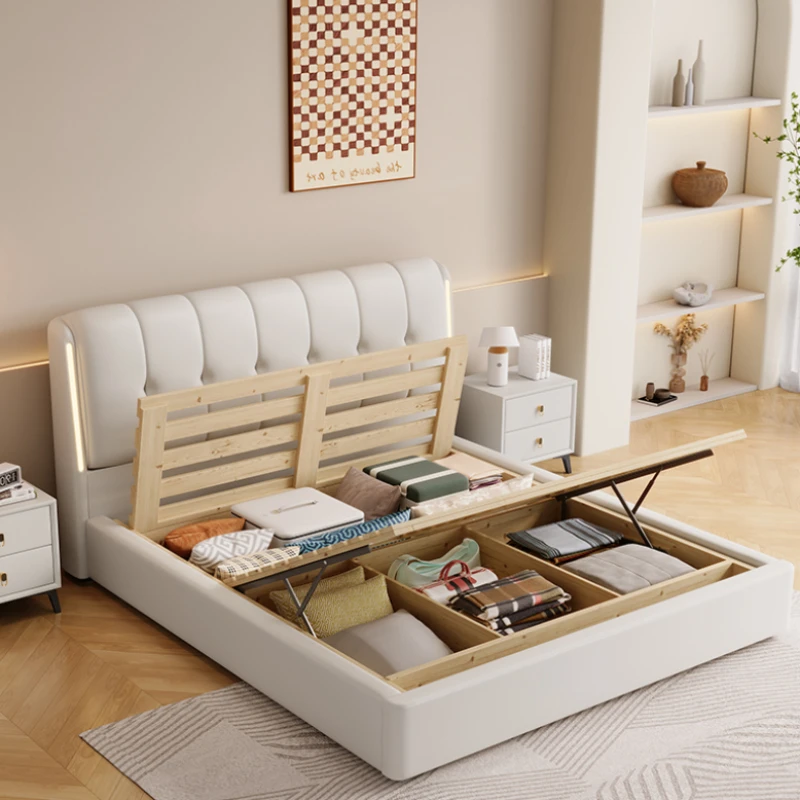 High End Double Bed Frame Modern Master Cute King Bedroom Bed Frame White Modular Genuine Leather Cama Box Casal Room Furniture