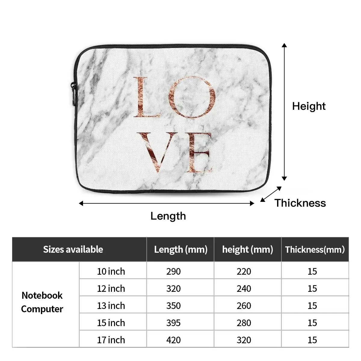 Laptop Notebook Sleeve Cover Bag Rose Gold Marble LOVE Computer Liner Sleeve Modern Pattern Shockproof Case Bag