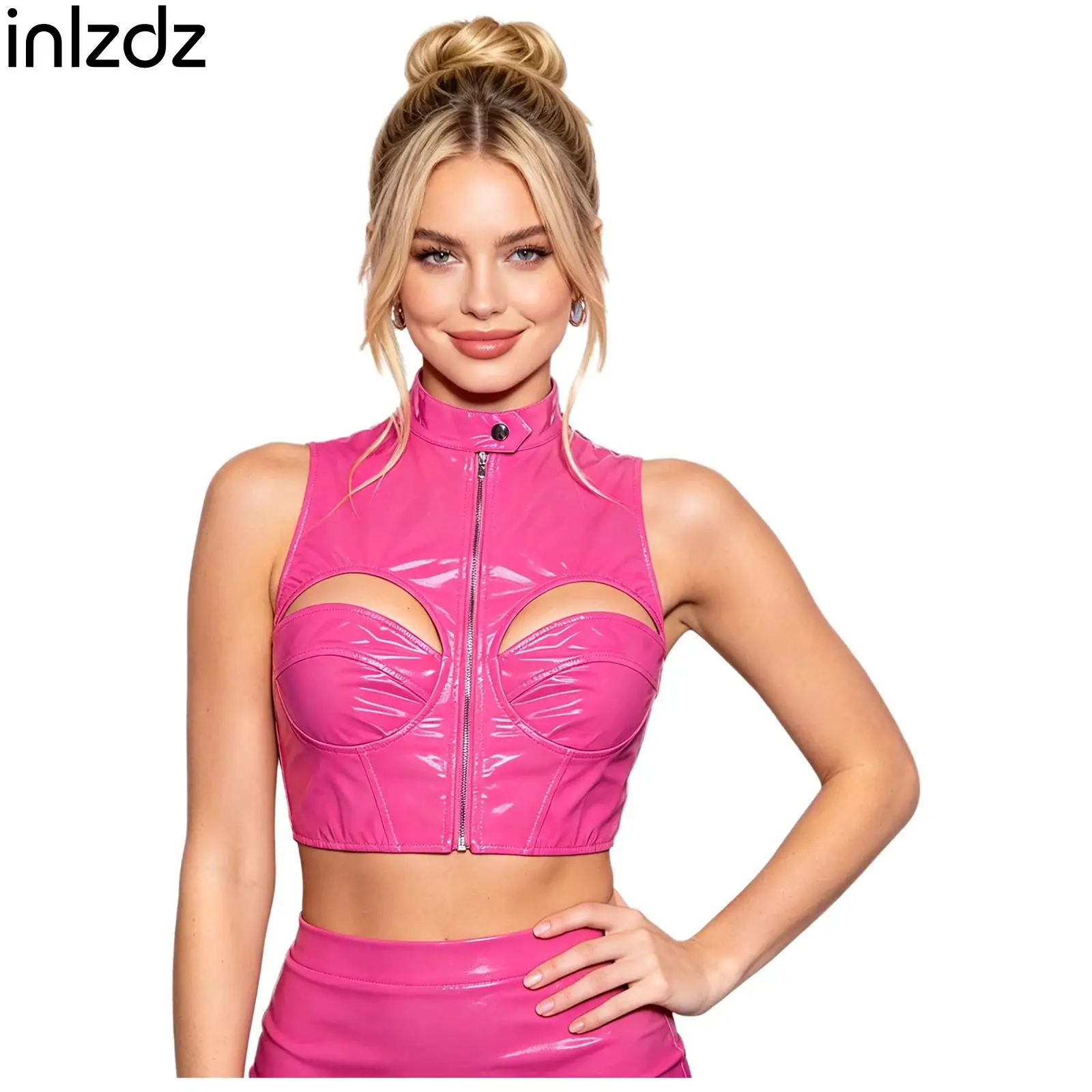 Wet Look Glossy Crop Top for Women PU Leather Mock Neck Sleeveless Front Zipper Hollow Out Vest Tank for Party Clubwear