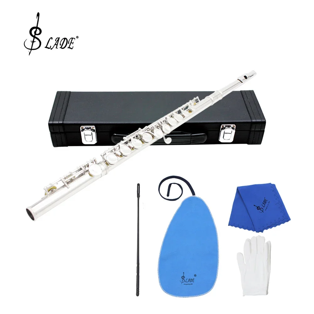 SLADE Metal Flute Professional 16 Holes C Key Flute Silver Plated Concert Flute with Case Cleaning Cloth Gloves Music Parts