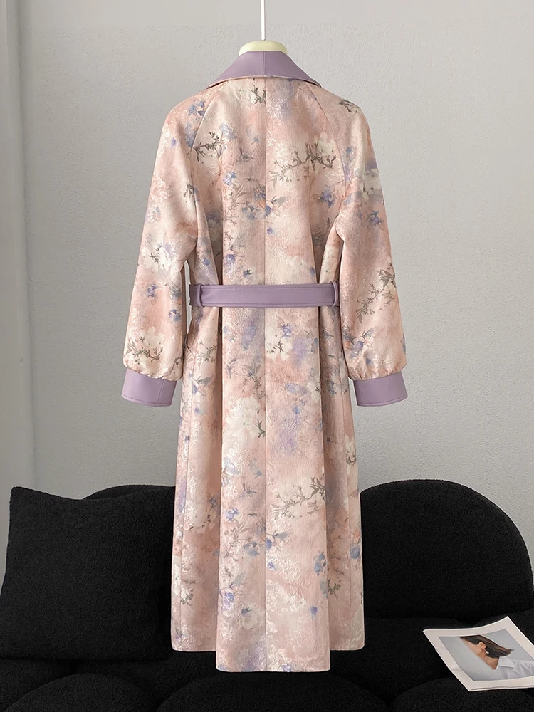 Mittellanger, mit Gürtel besetzter, bedruckter Trenchcoat aus echtem Leder mit Revers, 25, neuer Herbst-Einreiher, lila, eleganter Mantel