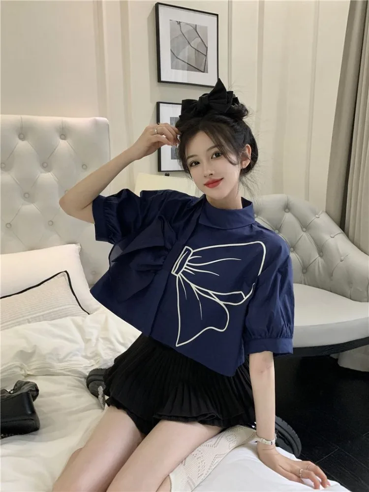 Hikigawa Chic Fashion Sweet Girls Bow Patchwork Puff Long Sleeve Blouse Women Vintage Elegant Print Short Shirts Tops Ropa Mujer