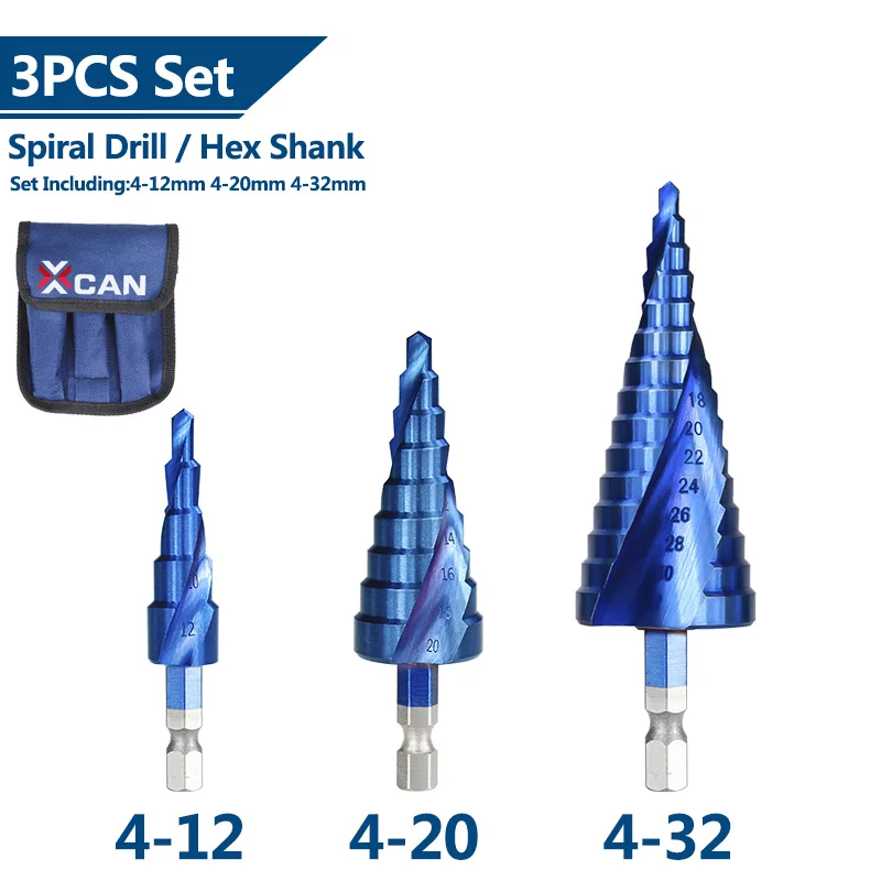 XCAN Metal Drills 4-32mm HSS Nano Blue Coated Step Drill Bit Drilling Tools HSS Metal Wood Hole Cutter Step Cone Drill