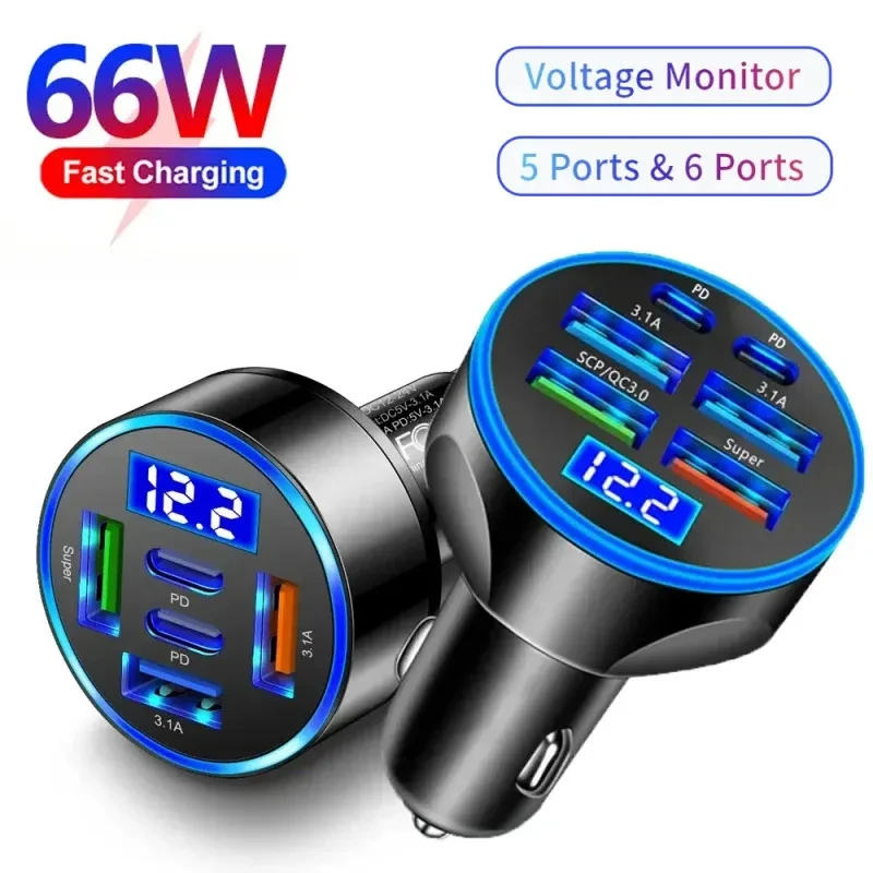 Digital Display Car With 4USB Car Charger Fast Phone Head Mobile Charging PD Phone Adapter Car Mobile Charging