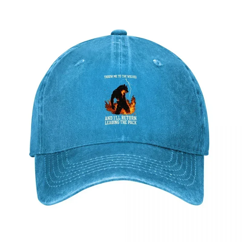 New WASHED DENIM BASEBALL CAP WITH WOLF FIREFLAME DESIGN AND BOLD TEXT STATEMENT FOR OUTDOOR ADVENTURE STYLE