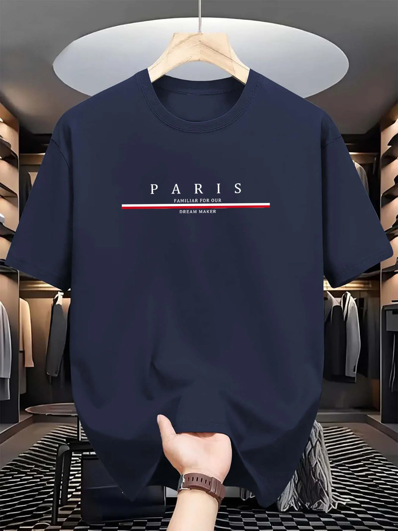Men's 100% pure cotton summer casual loose fashion Paris letter printed comfortable round neck short sleeved T-shirt top image 3