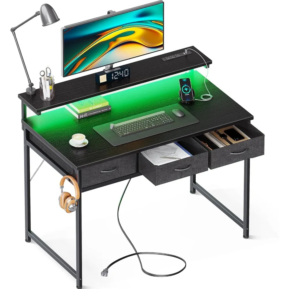 

40 Inch Small Computer Desk with 3 Drawers and USB Power Outlets, Home Office Desks with LED Lights and Adjustable Monitor Stan
