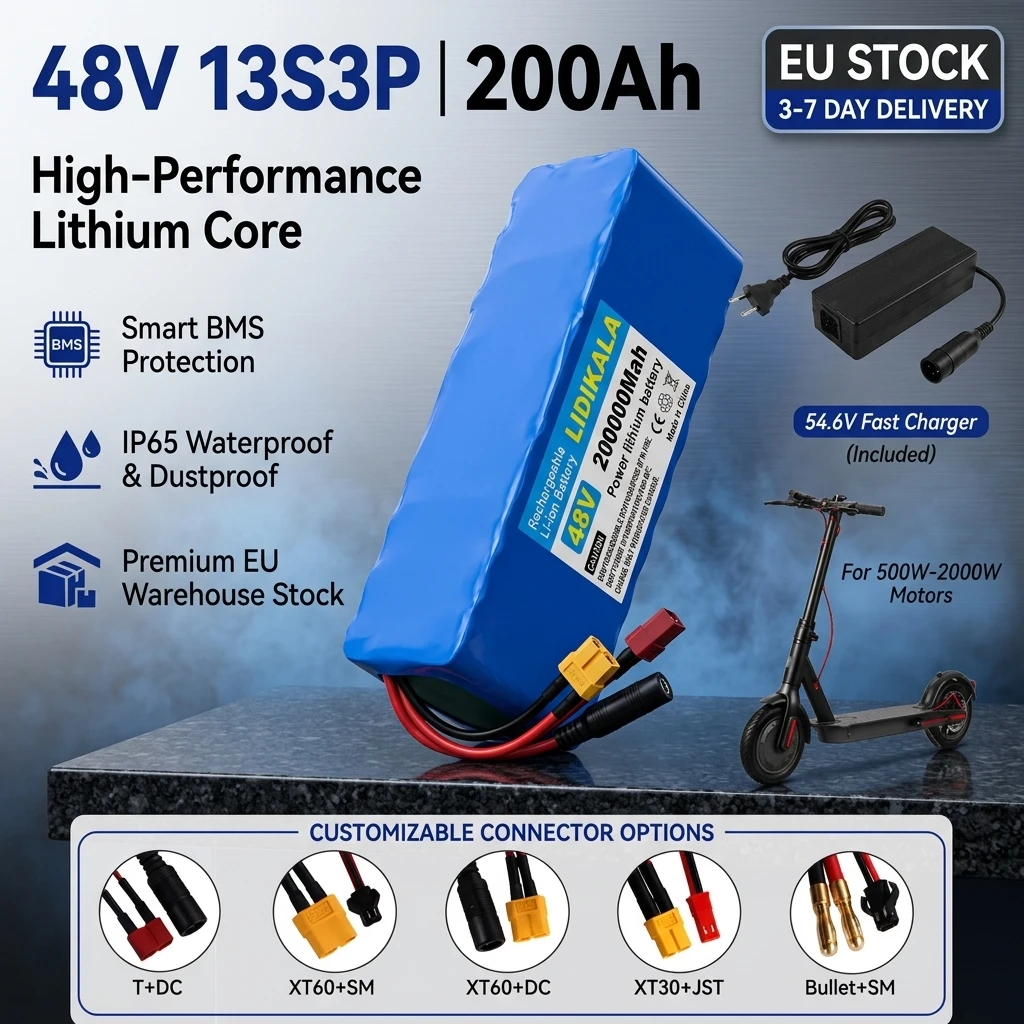 48V 200Ah 200000mAh Lithium-Batterie 13S3P 2000W Spitzenleistung Li-Ionen-Akkupack mit intelligentem BMS für E-Bike und Scooter
