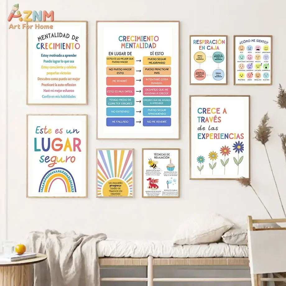 3PCS Spanish Calming Corner Canvas Wall Art Kids Emotion Regulation Breathing Technique Unframed Decor Poster