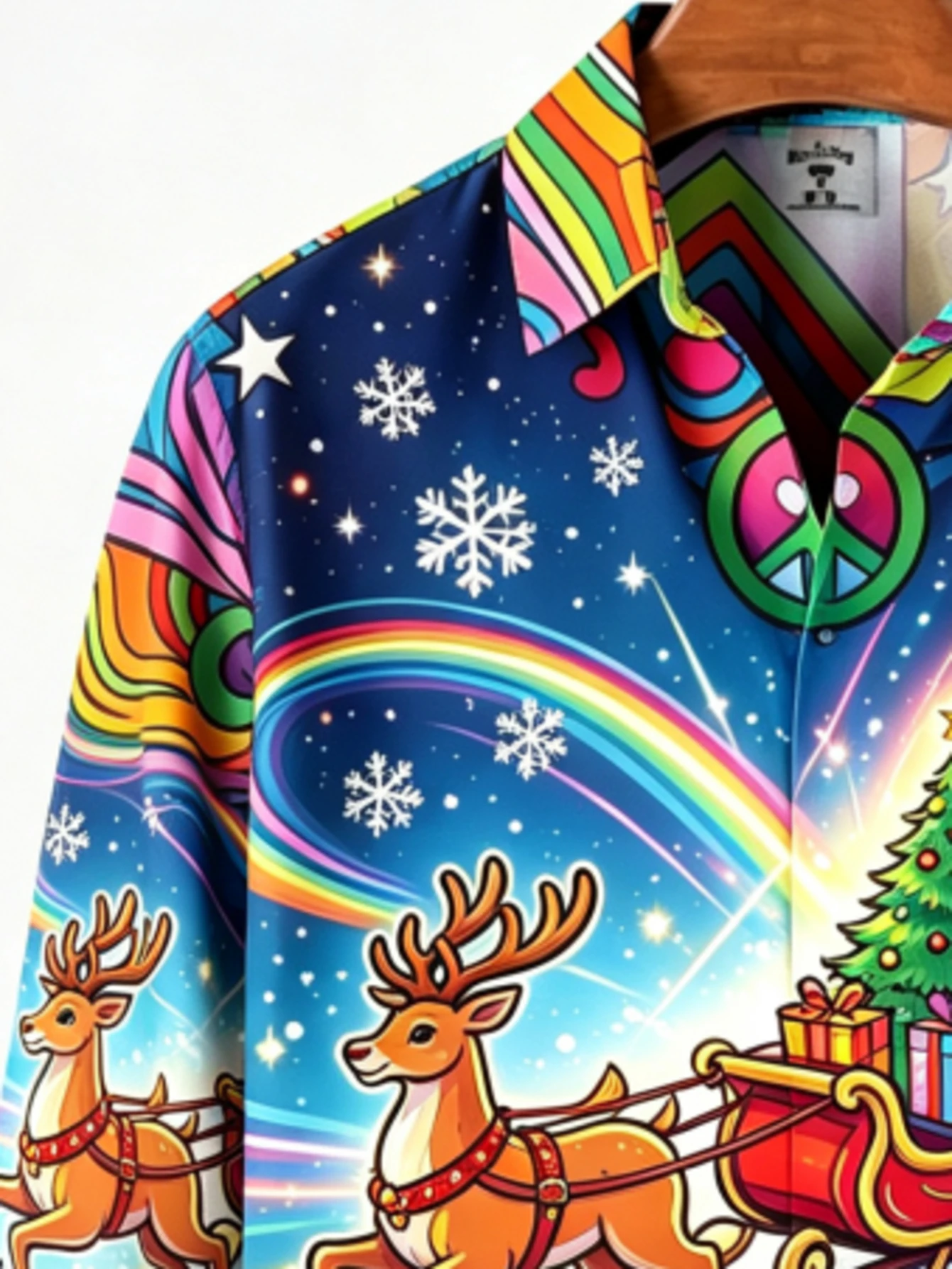 Men Long Sleeve Christmas Shirt Pop Art Rainbow Santa Sleigh Reindeer Star Sky Full Print Button Down Holiday