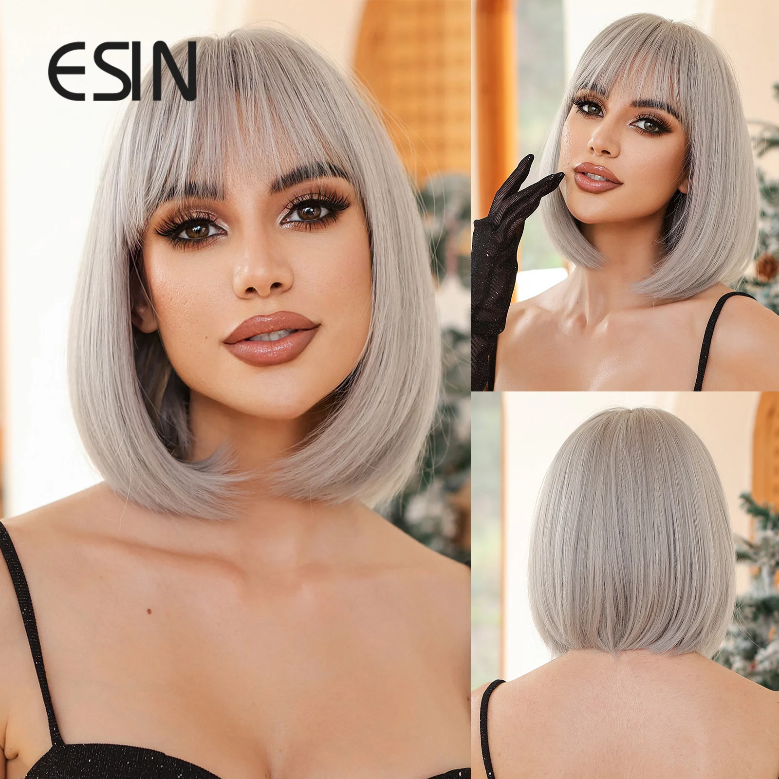 

ESIN Short Straight Bob Burgundy Platinum Hair Wigs With Bangs Brown Synthetic Wig Heat Resistant Fiber Fluffy Hair for Women