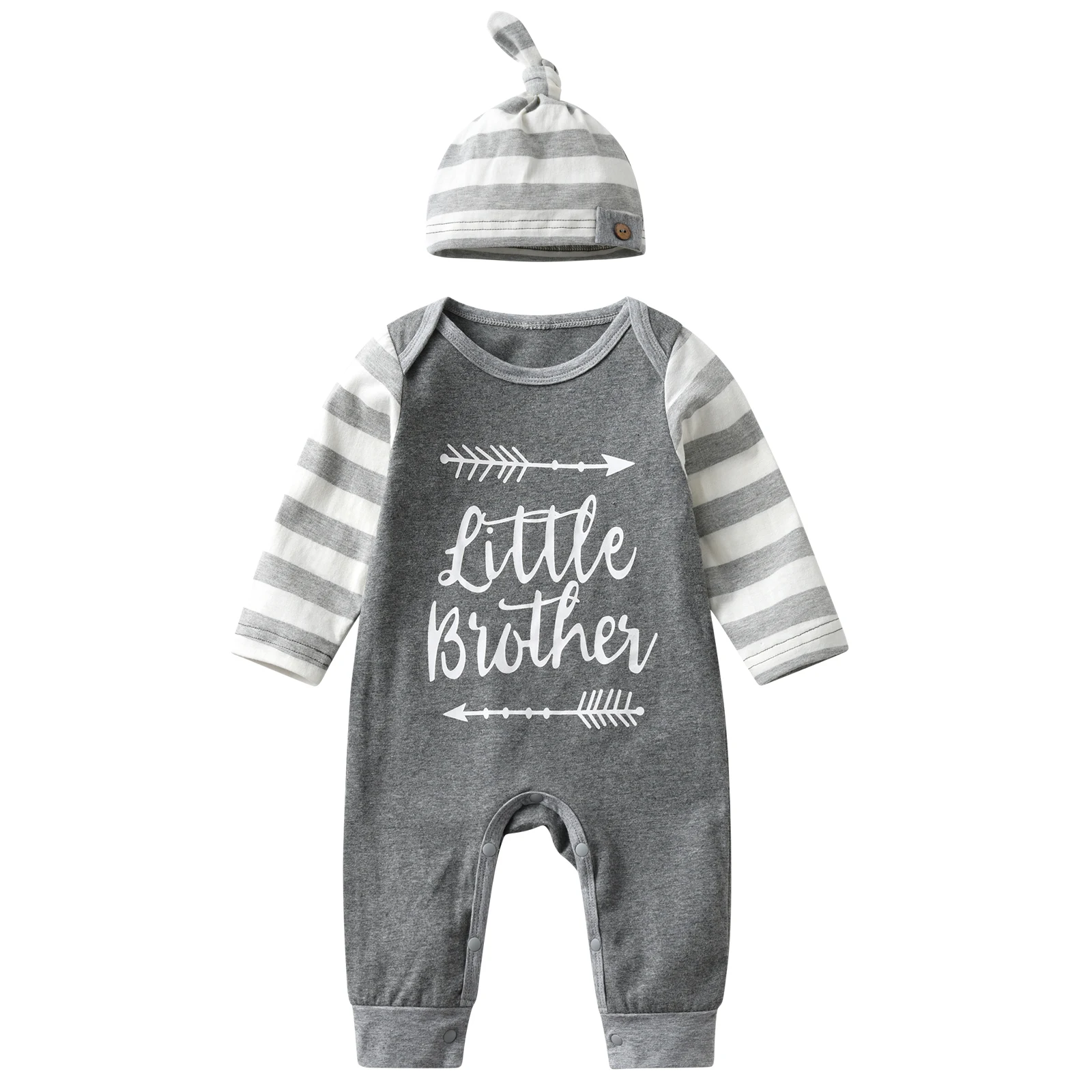 Newborn Baby Boy Romper Cotton Long Sleeve Little Brother Print Jumpsuit and Hat Infant Clothing Pajamas