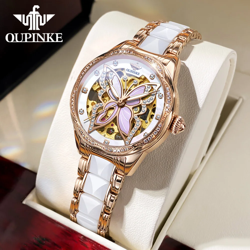 

OUPINKE Original Automatic Mechanical Watch For Women Swiss Movement Sapphire Mirror Butterfly Skeleton Ladies Wristwatch