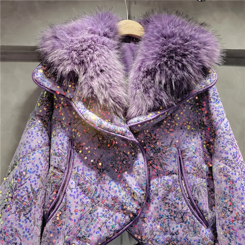 Heavy Industry Fashion Sequins Thicken Warm Padded Jacket Loose Bat Sleeves Fur Collar Cotton Coat Winter Women Clothes Casacos