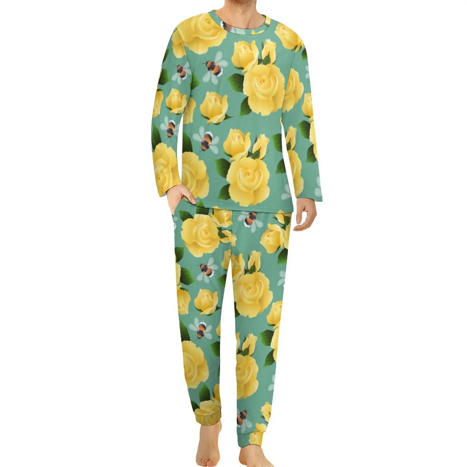 

Flying Bees Pajamas Long Sleeve Yellow Roses Print Two Piece Casual Pajamas Set Autumn Men Custom Elegant Oversized Sleepwear