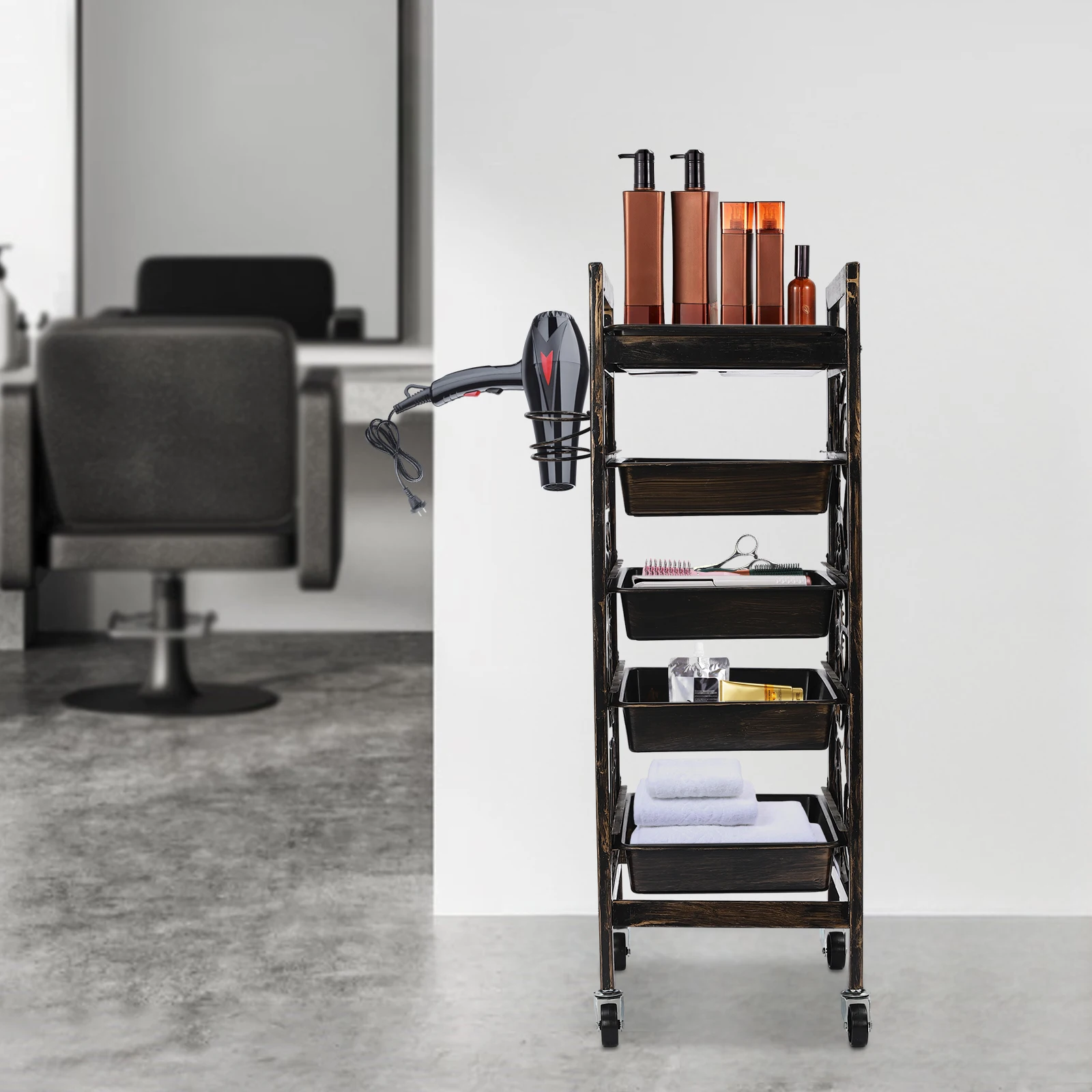 

Black Brown Salon Rolling Storage Trolley,5 Tiers Iron Beauty Barber Cart Floor Stand 37*33*90cm for Nail Salons,Spas