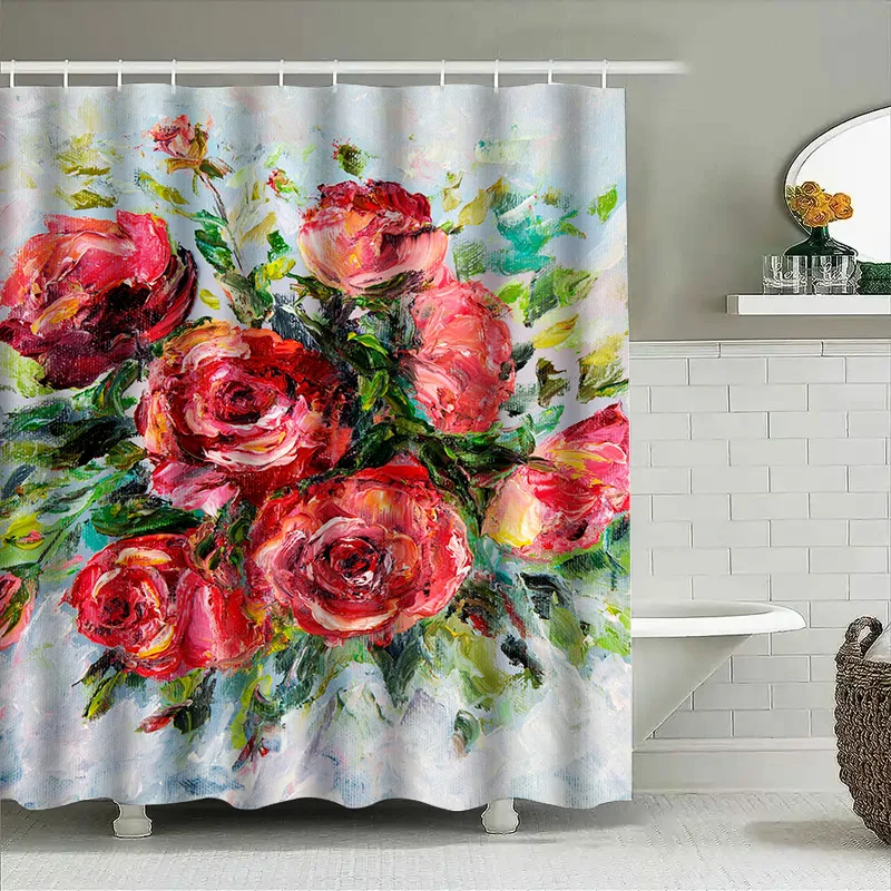 Luxury Watercolor Red Roses Shower Curtain Extra Large 72x84 Inches Waterproof Decorative Bathroom Liner Set with Hook Rings Mod