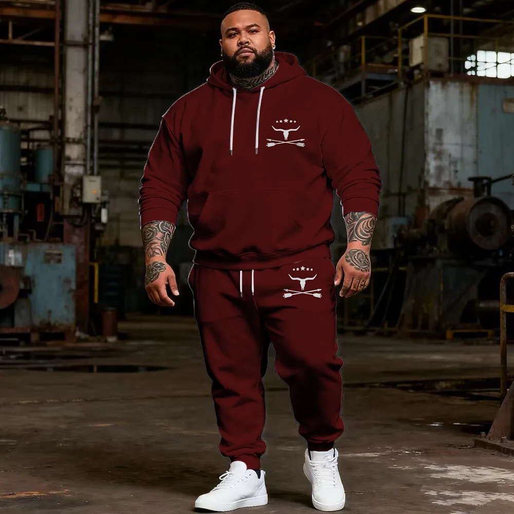 ชุดฮู้ดดี้ผู้ชายไซส์ใหญ่พิเศษ S-9XL: ลายวัวและลายสก็อต - ชุด 2 ชิ้น