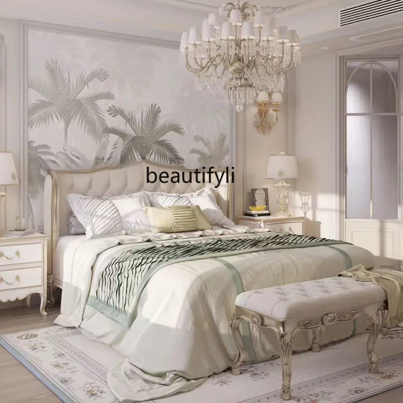 

French Royal Style Solid Wood Bed 1.8M Master Bedroom Luxury Fabric Craft Princess Bed Vintage Cream White