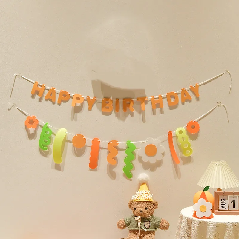 INS Boy Birthday Party Brown Garland Korean Style First Birthday Banner Non Woven Flower Hanging