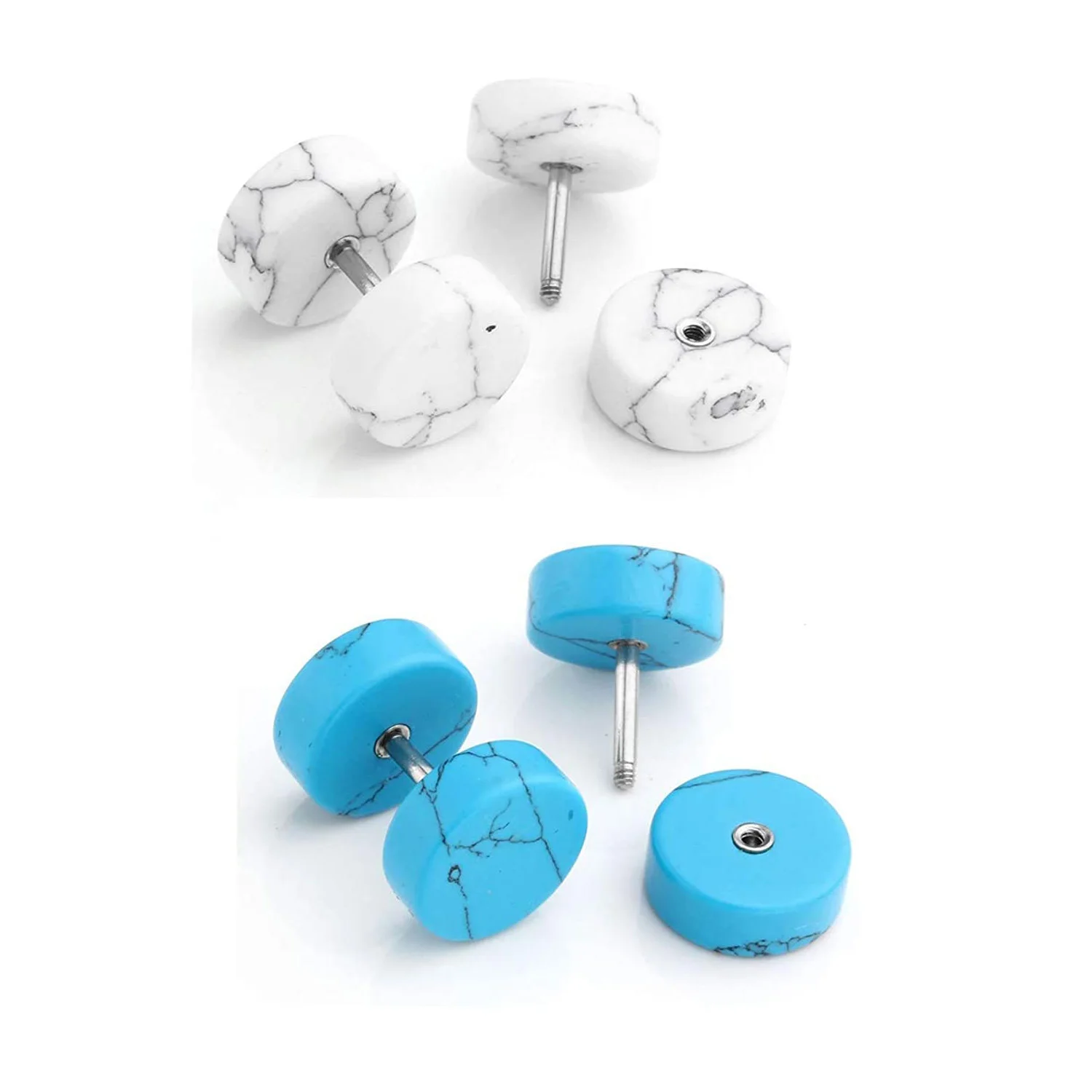 1 Pair 16G Men Women Punk Stainless Steel Wood Turquoise Barbell Stud Earrings Fake Flesh Ear Tunnels Expander Plugs 00G Gauge