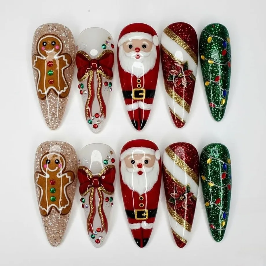 24pcs Christmas Press On Nails Santa Claus Gingerbread Man Bow Glitter Xmas Light Fake Nail Long Almond False Nail for Women