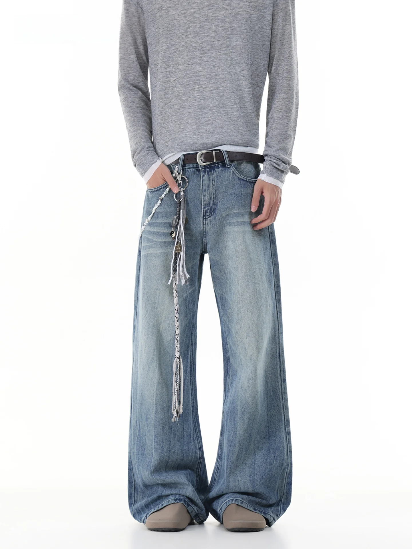 Calças Jeans Americanas Retro com Padrão de Bambu para Homens e Mulheres, Soltas e Casuais, Cintura Média, Fechamento com Zíp...