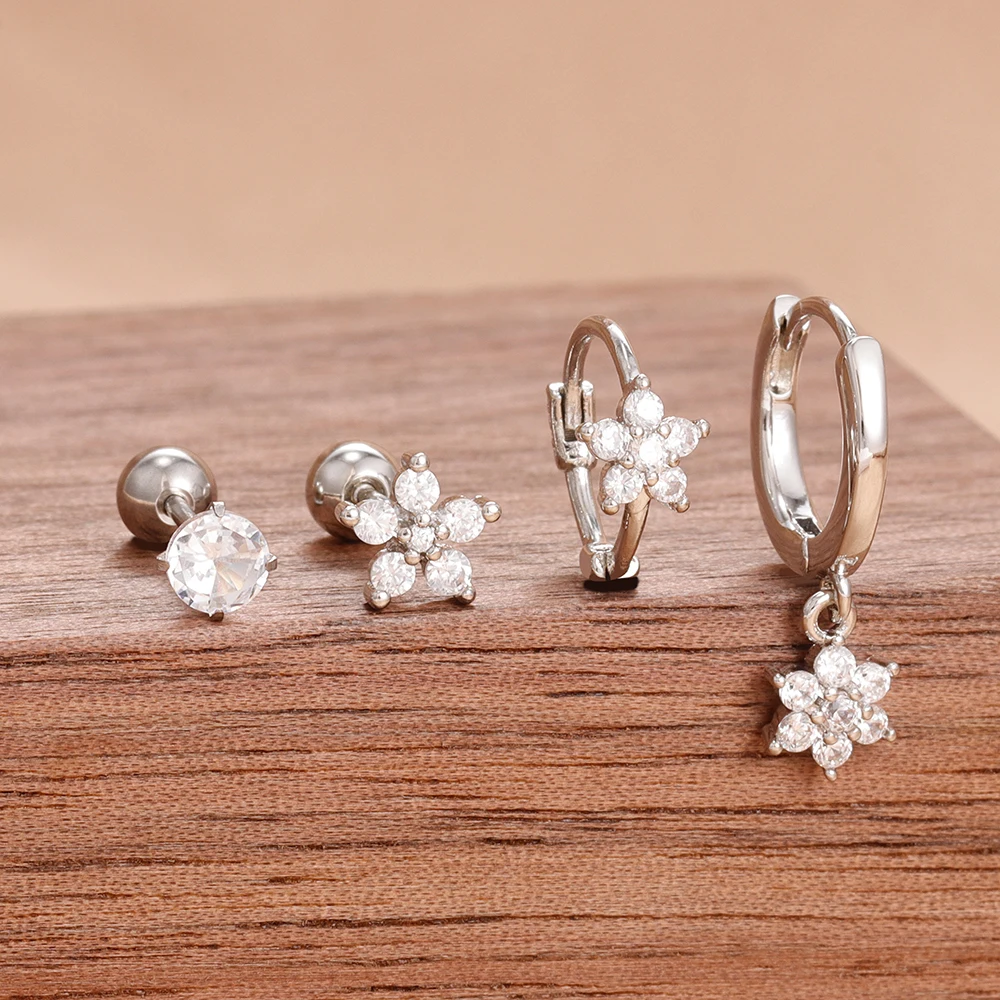 4PCS Exquisite Crystal Flower Hoop Earrings Set 14K Gold Plated Stainless Steel Korean Women's Earring Wedding Jewelry Gifts