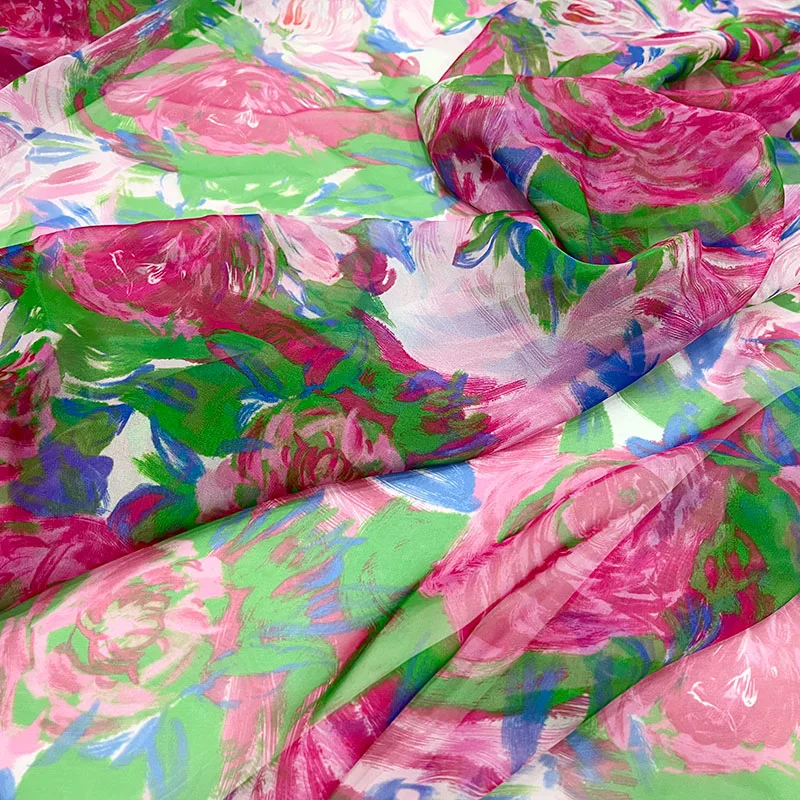 Flower Printed Summer Thin Chiffon Fabric Perspective Soft Draping for Dress Wholesal Cloth by Meters for Sewing Diy Material