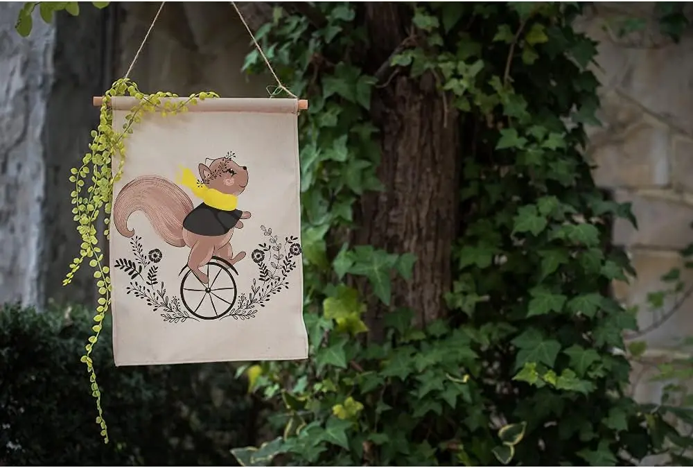 Moslion Squirrel Garden Flag 12.5x18 Inch Bohemian Animal Squirrels on Bike Wheels with Flower Leaf Yard Flag Burlap Banners SSL