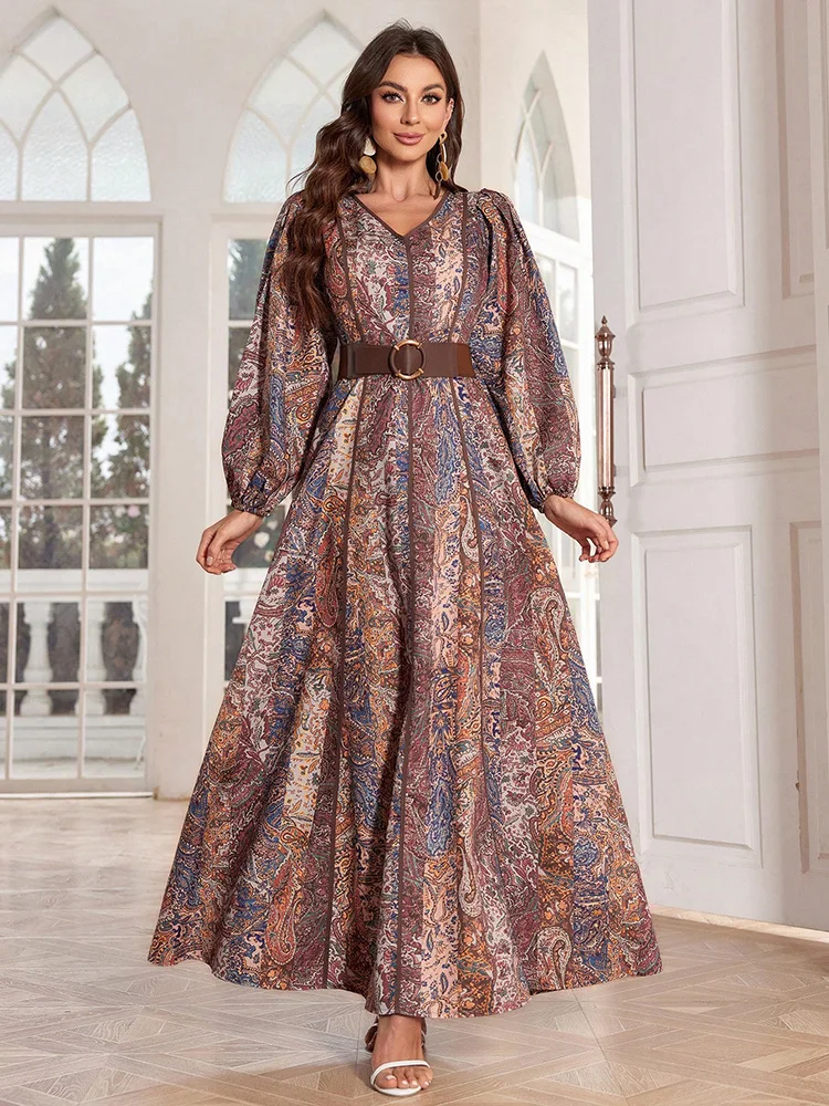 TOLEEN 2024 Fashion Women Spring/Summer Long Elegant Arab Style Lantern Sleeve Caftan Dress With Paisley Flower Print And V-Neck