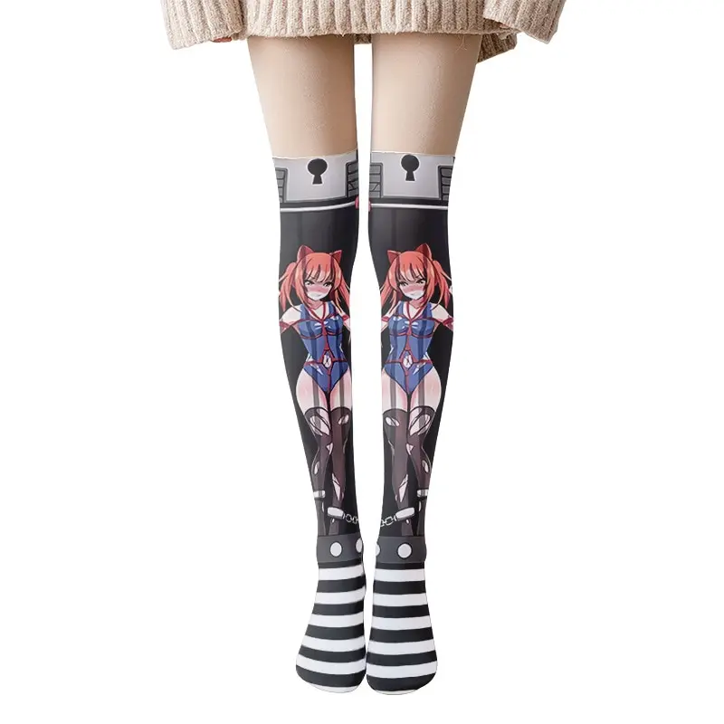 Horror Cross Printed Lolita Socks For Women Punk Anime Girl Cosplay Velvet Over Knee Sock Thigh High Halloween Stockings