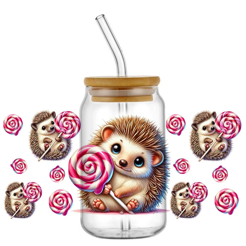 Cute Animal Lollipop Decal Waterproof UV DTF Cup Wrap for 16oz Libbey Glasses Can DIY Washable Transfer Sticker