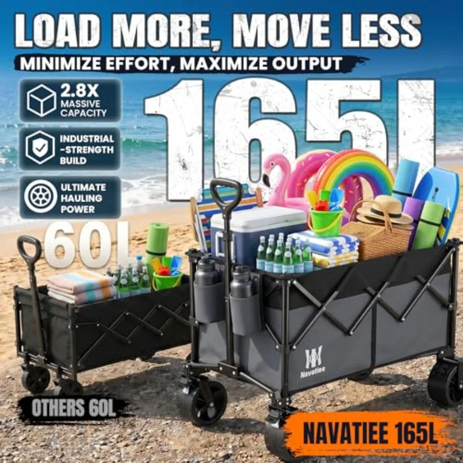 Beach camping utility wagon: heavy-duty steel, black, 330Lbs capacity, collapsible folding design with big wheels for grocery,