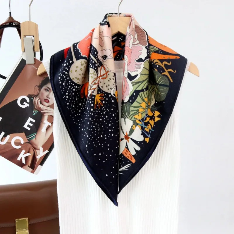 Cartoon White Horse Silk Wool Medium Square Scarf Double Sided Different Color Women Temperament Neck Wrap Shawl Accessory