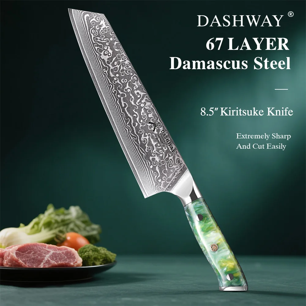 

DASHWAY 8,5 "Японский нож шеф-повара Кирицуке, слайсер из дамасской стали, универсальный тесак, ручка из смолы, профессиональные кухонные ножи Бэнка