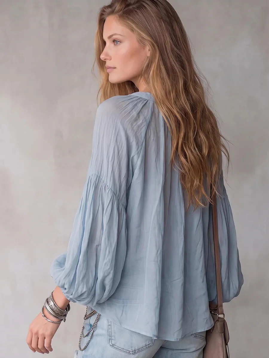 Urlaubs-Boho-Bluse für Damen, V-Ausschnitt, Puffärmel, locker geschnittenes, lässiges Strand-Oberteil mit langen Ärmeln – Detail 2