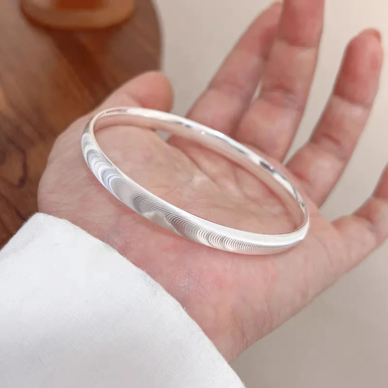 999 Sterling Silver Closed Bangle for Women, Cat Eye Texture Solid Polished Silver Bracelet Gift