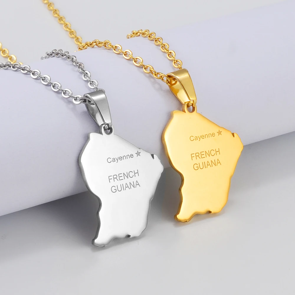 Anniyo French Guiana Map Pendant Necklaces Stainless Steel Jewelry Guyane Française #315701