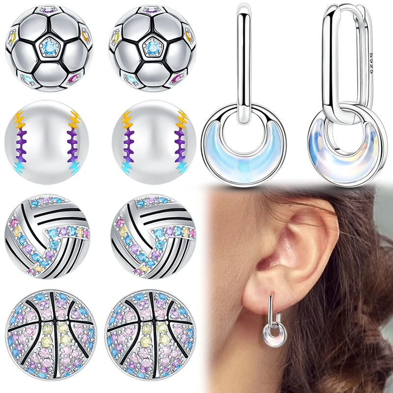 Pendientes deportivos de plata de ley 925 con diseño de fútbol, béisbol, voleibol, baloncesto, pendientes de aro en U con piedra lunar, regalo de joyería