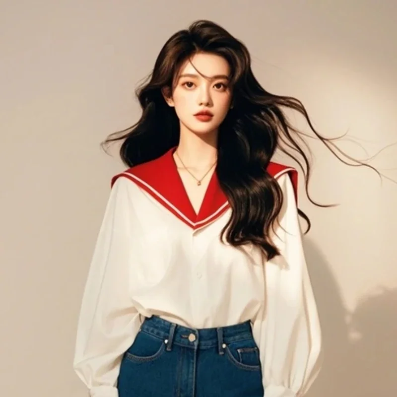 Vintage Women\'s Blouses Spring/Summer New Korean Shirts Loose Long Sleeves Patchwork Top Fashion Sailor Collar Clothing Sales